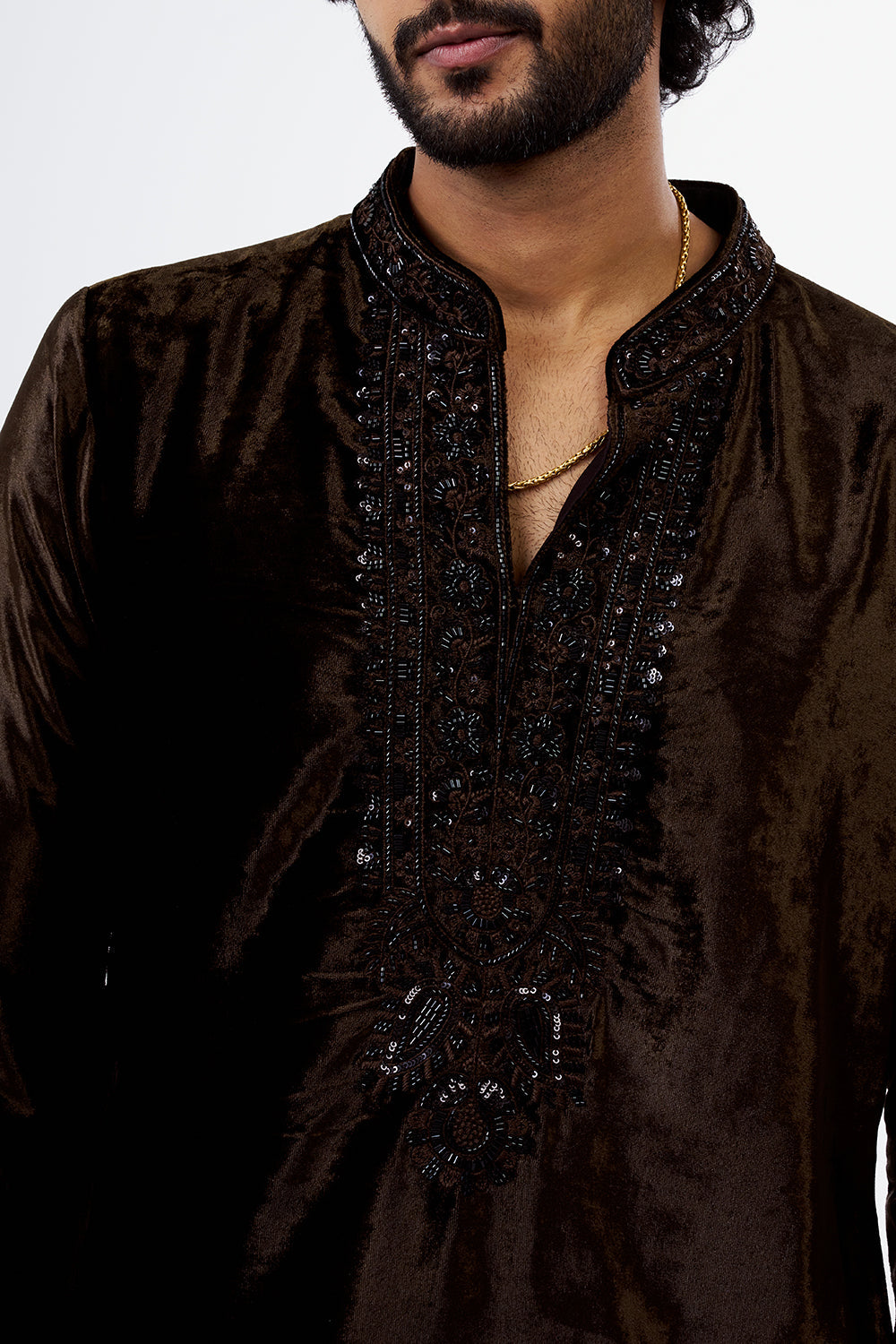 Chocolate Brown Embroidered Velvet Men's Kurta Set
