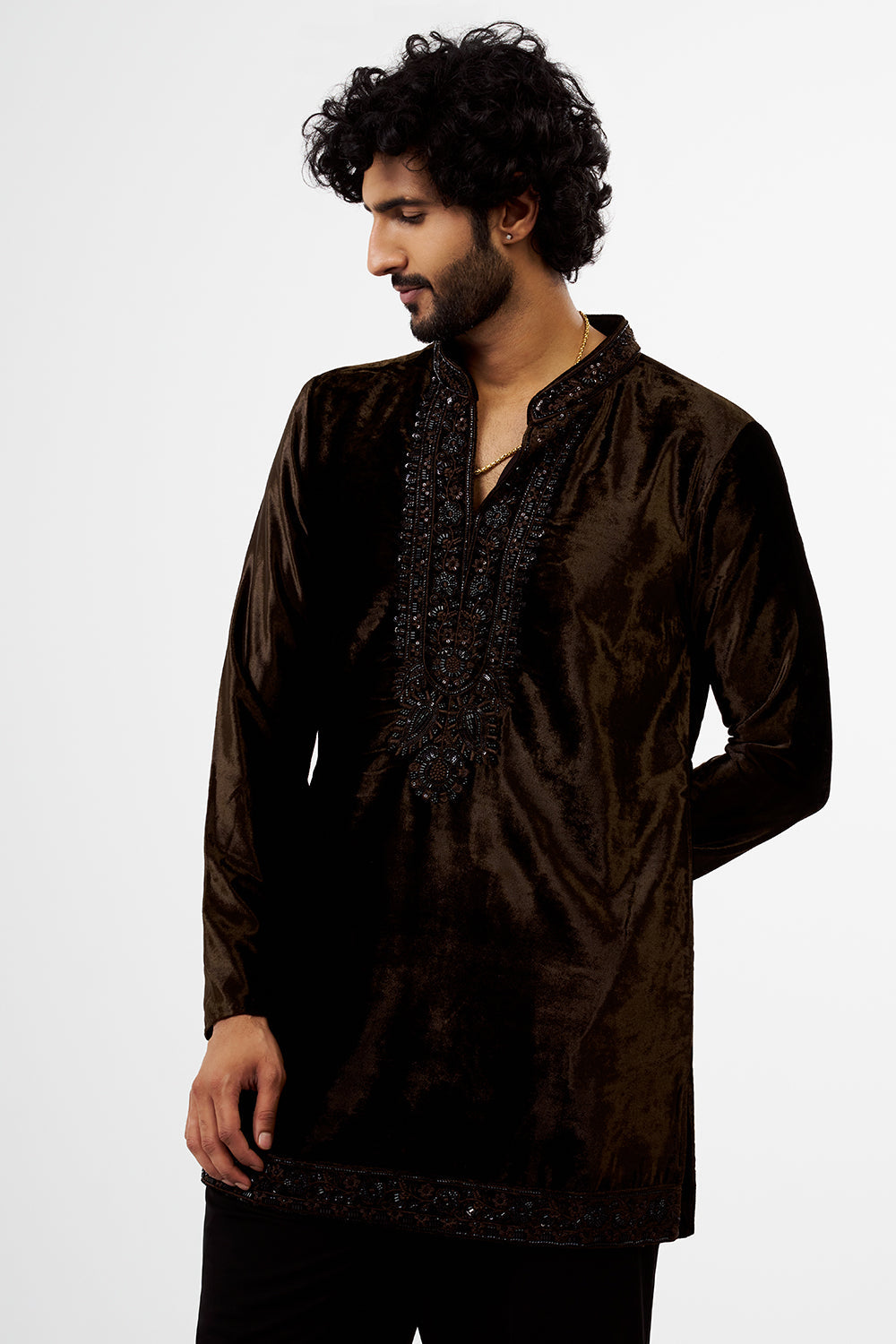 Chocolate Brown Embroidered Velvet Men's Kurta Set