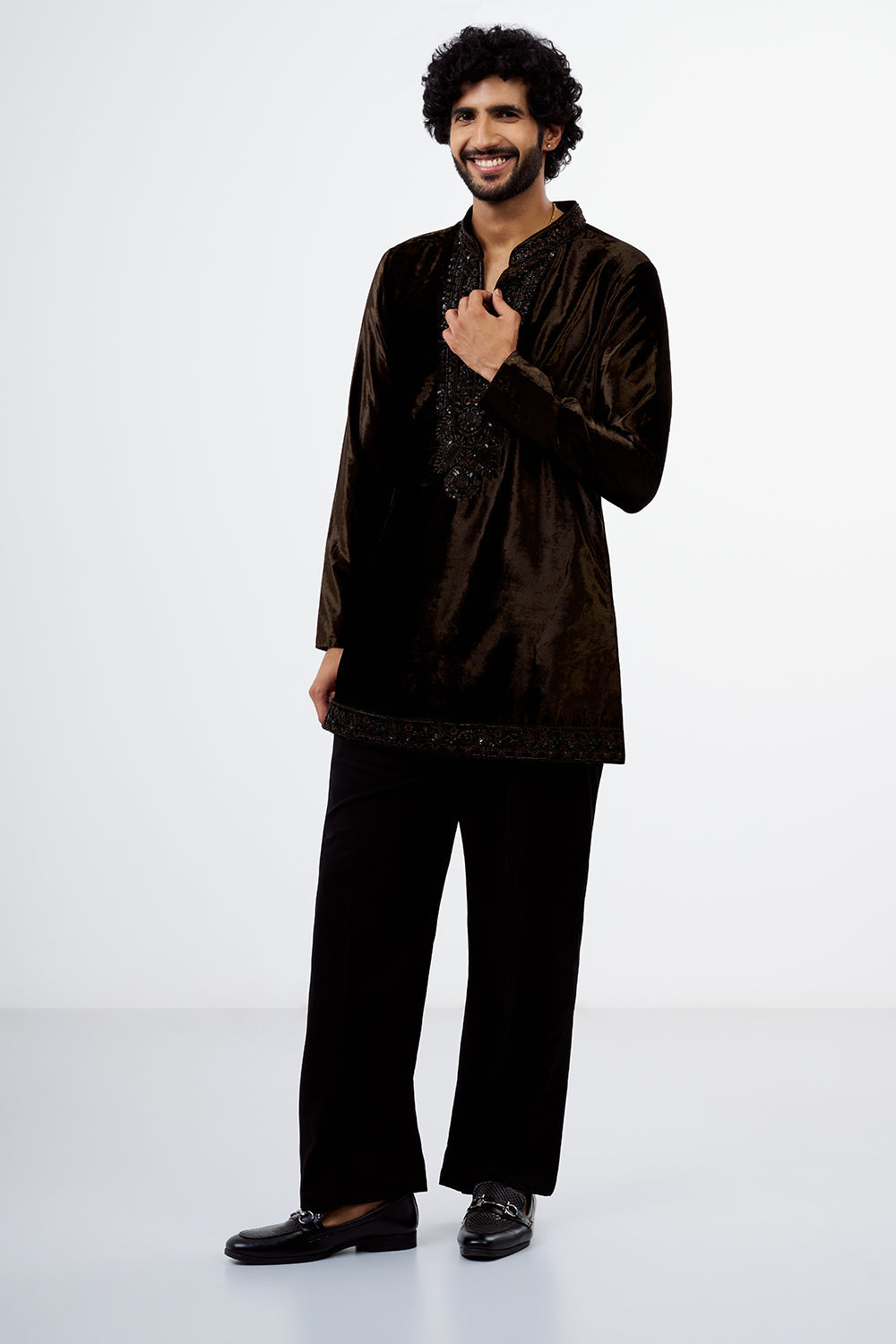 Chocolate Brown Embroidered Velvet Men's Kurta Set