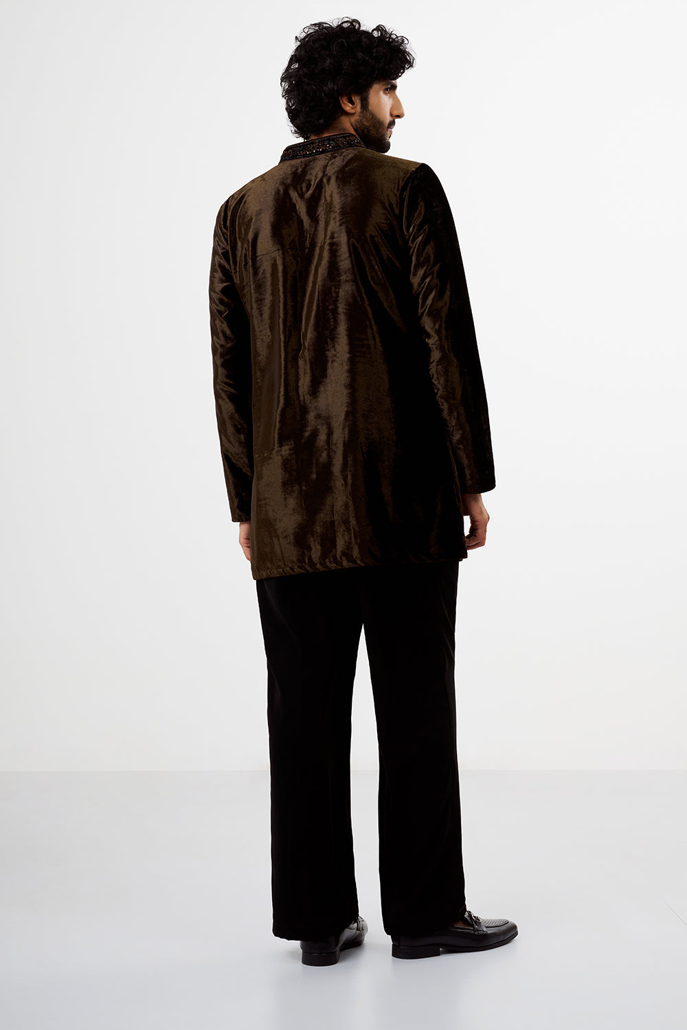Chocolate Brown Embroidered Velvet Men's Kurta Set