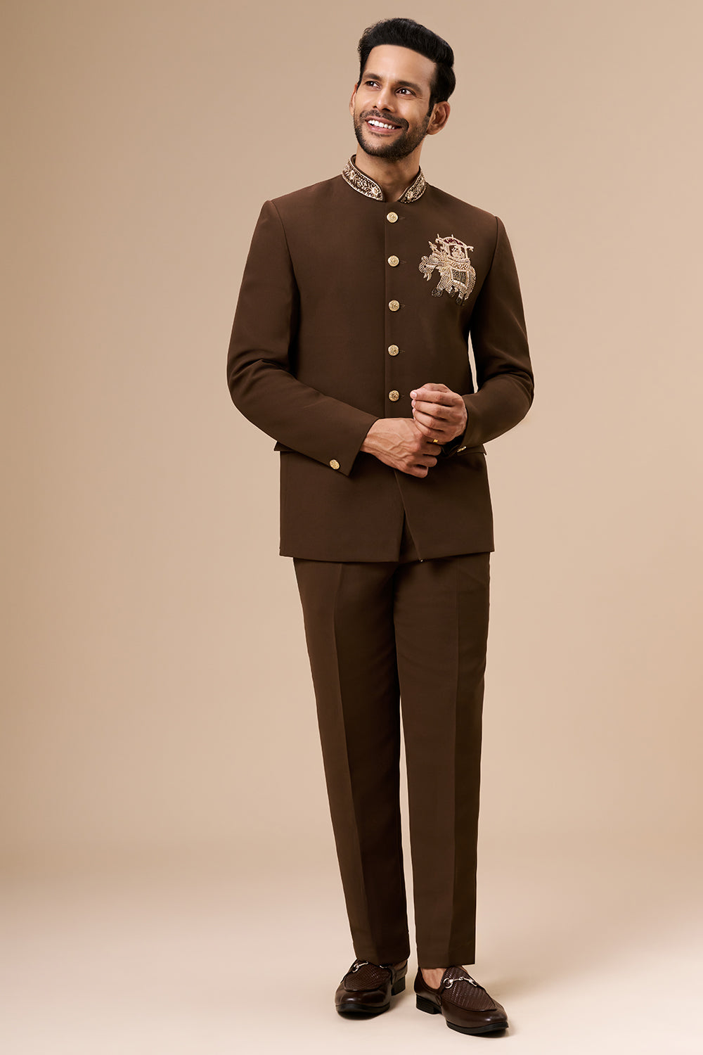 Chocolate Brown Georgette Jodhpuri with Cut Dana and Zari Elephant Motif