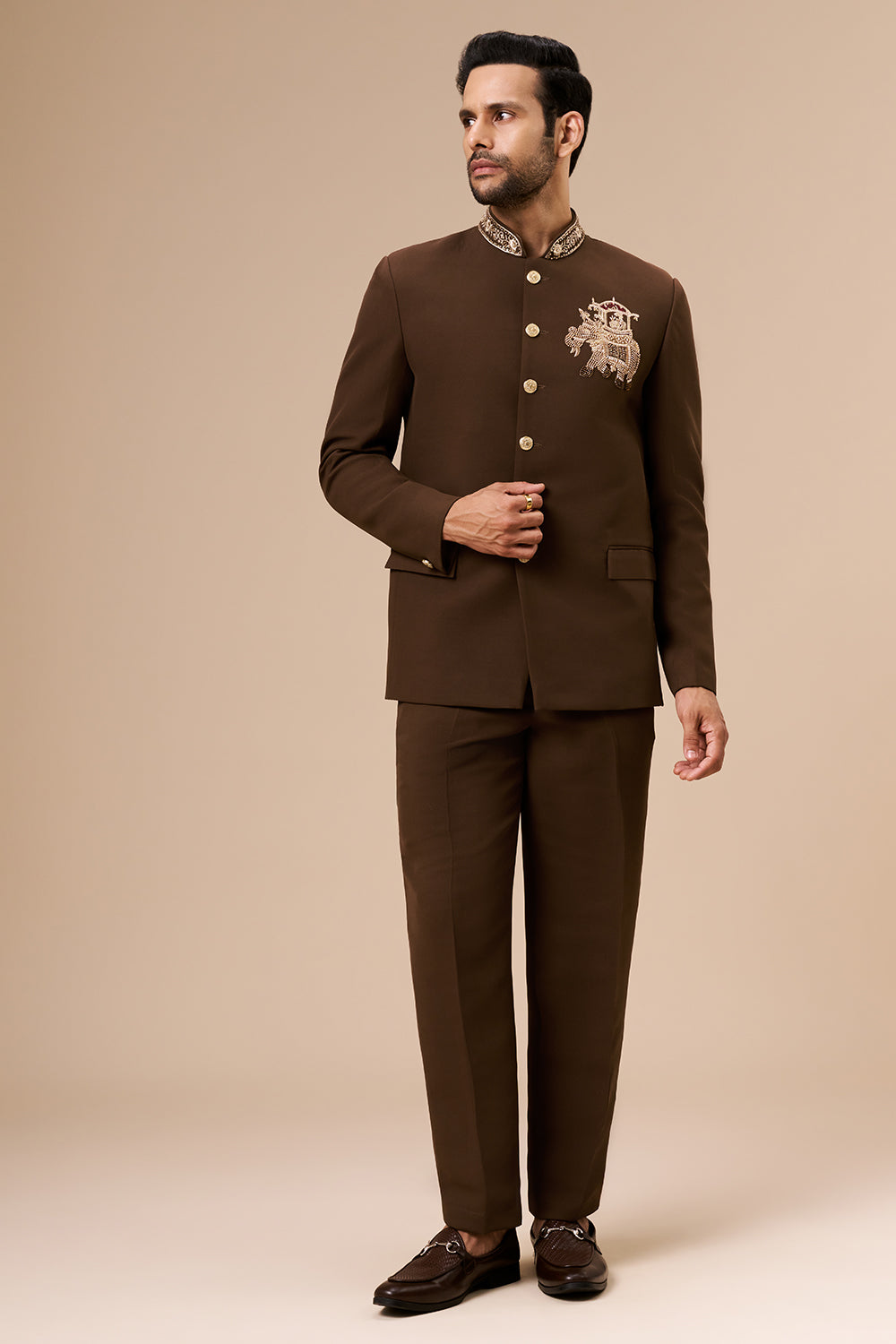 Chocolate Brown Georgette Jodhpuri with Cut Dana and Zari Elephant Motif