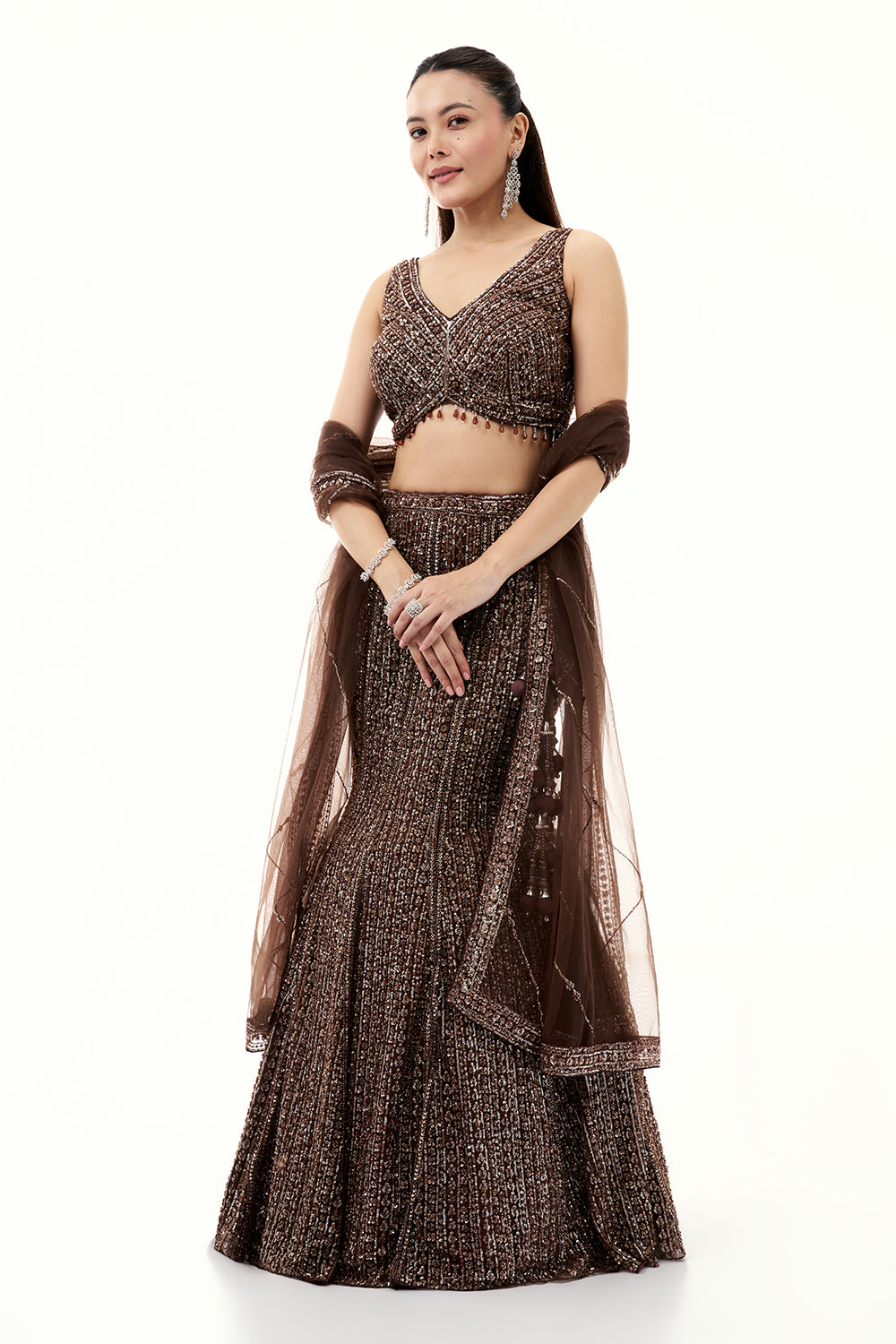 Chocolate Brown Lehenga with Sequins and Bead Work