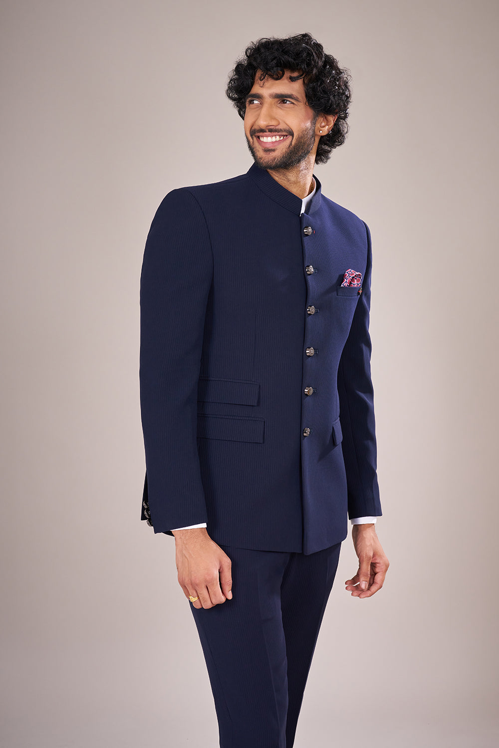Classic Rayon Navy Bandhgala Suit Set