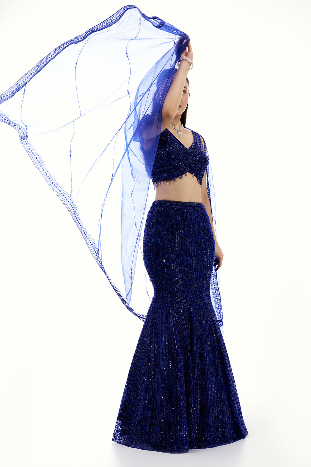 Cobalt Blue Lehenga with Beads and Cutdana Embroidery