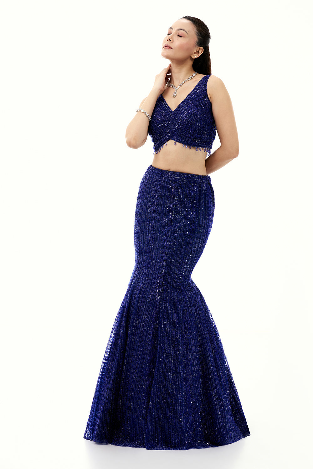 Cobalt Blue Lehenga with Beads and Cutdana Embroidery