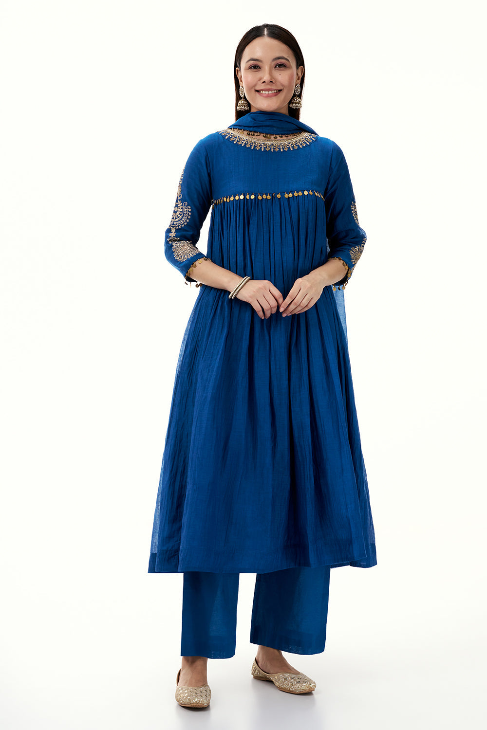 Cobalt Blue Mul Cotton Suit with Zardosi Work and Tassels