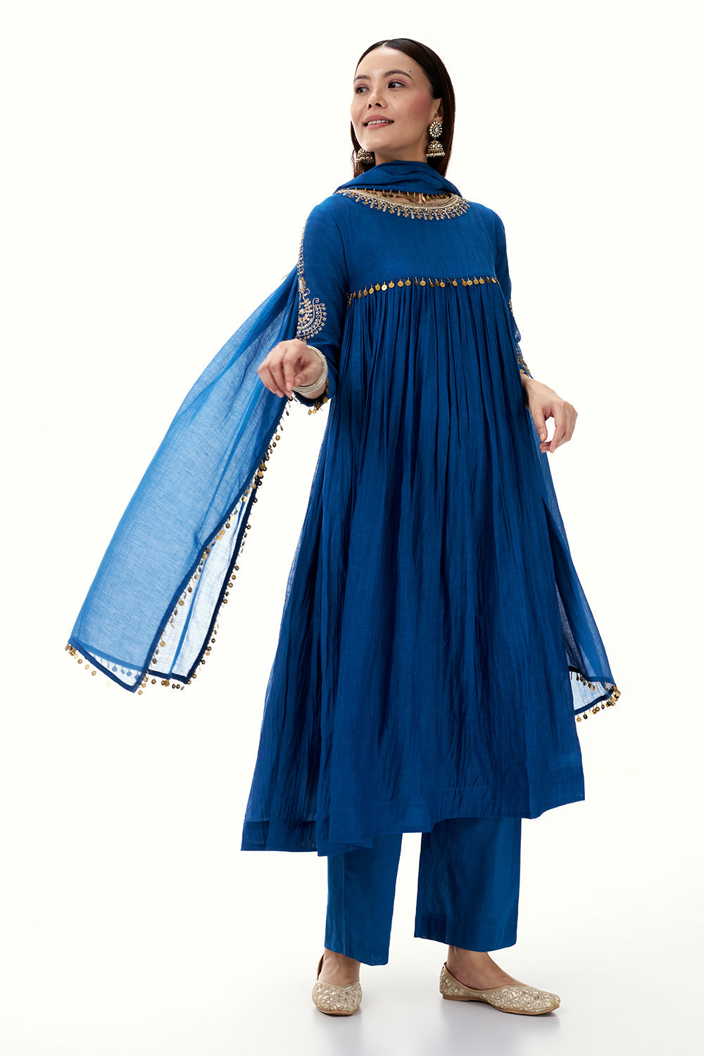 Cobalt Blue Mul Cotton Suit with Zardosi Work and Tassels