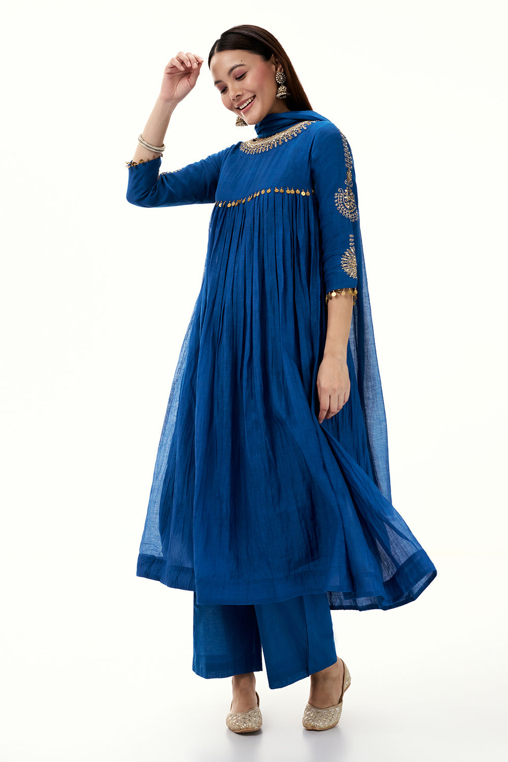 Cobalt Blue Mul Cotton Suit with Zardosi Work and Tassels