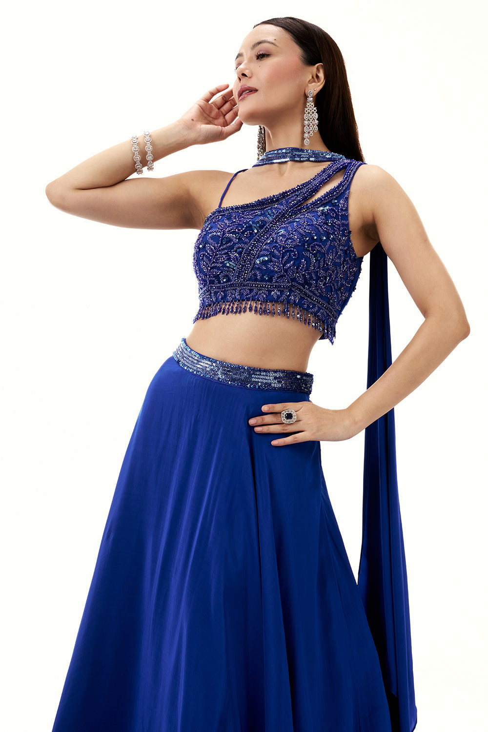 Cobalt Blue Satin Crepe Lehenga with Sequin Work