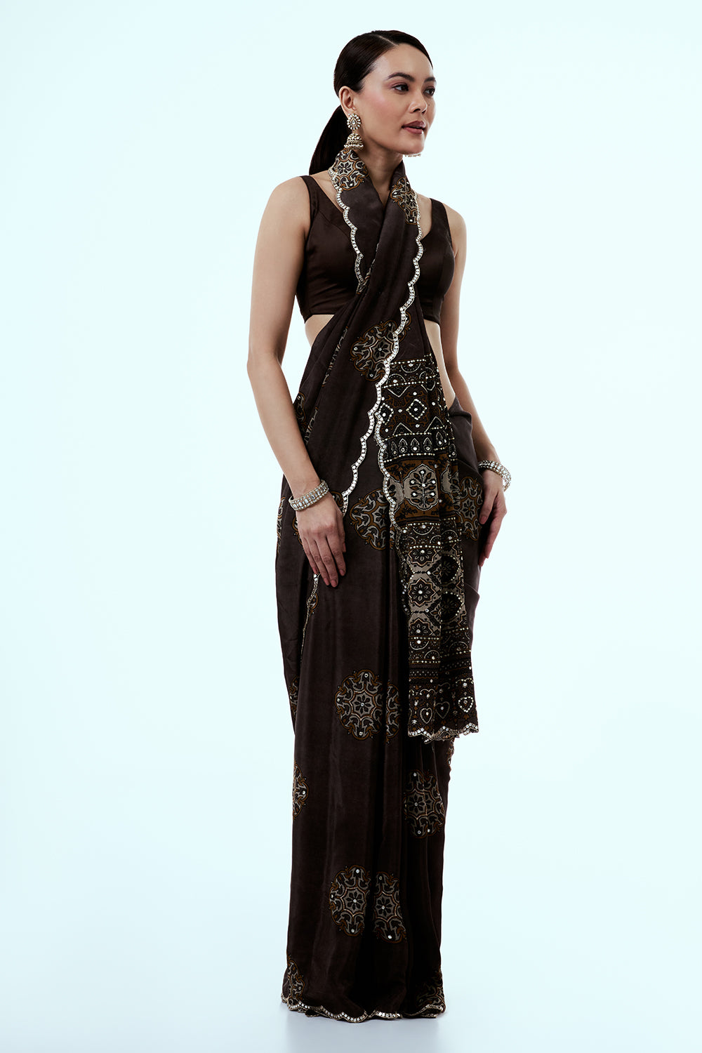 Coffee Brown Printed Crepe Saree with Mirror Work
