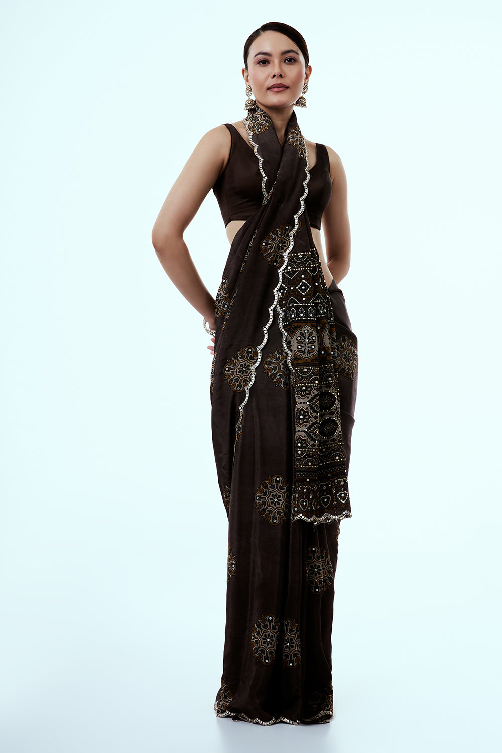 Coffee Brown Printed Crepe Saree with Mirror Work