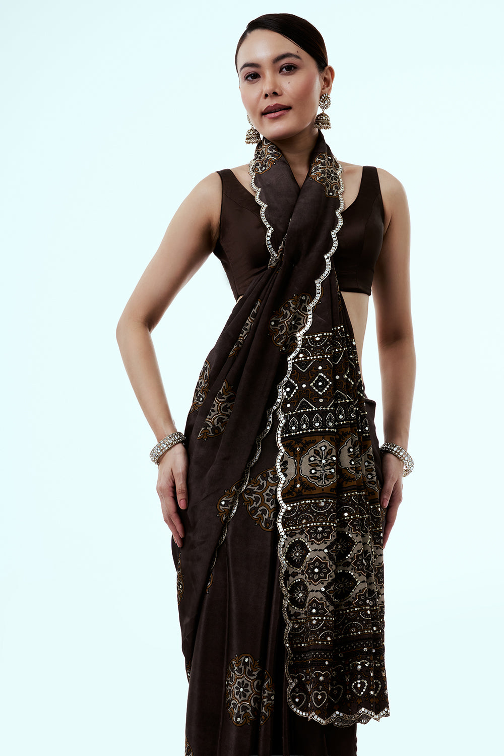Coffee Brown Printed Crepe Saree with Mirror Work