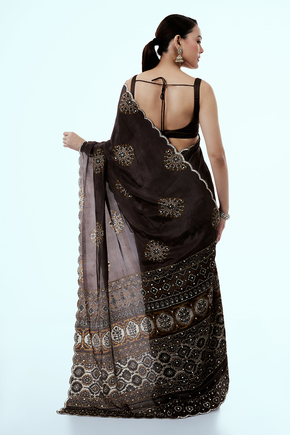 Coffee Brown Printed Crepe Saree with Mirror Work