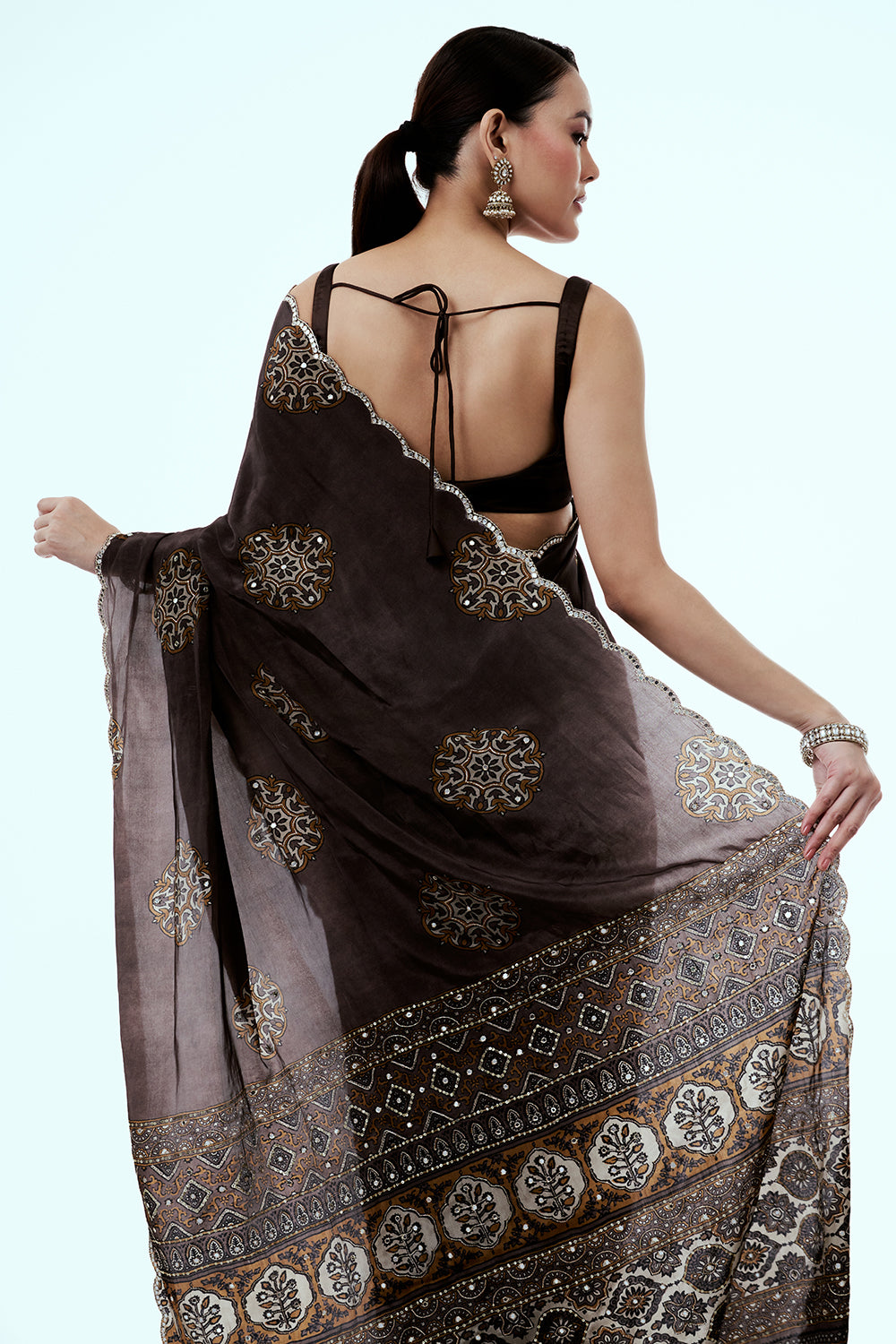 Coffee Brown Printed Crepe Saree with Mirror Work