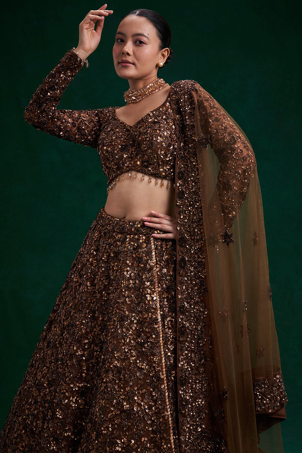 Copper Brown Net Bridal Lehenga with Cutdana and Bead Work
