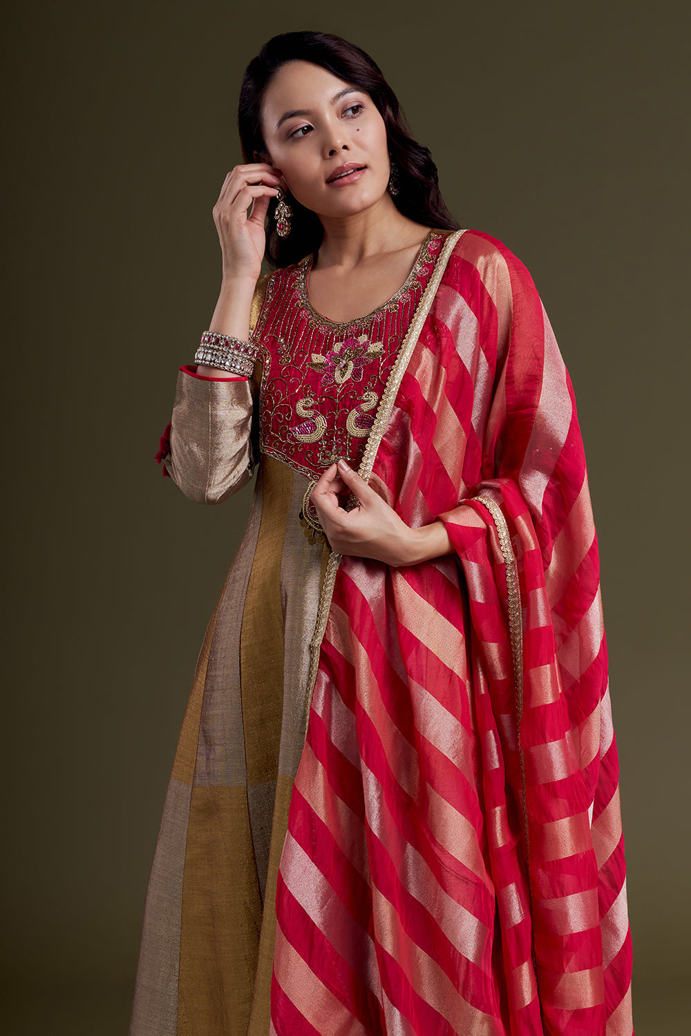 Golden and Copper Chanderi Anarkali Set with Rani Red Accents and Silk Dupatta