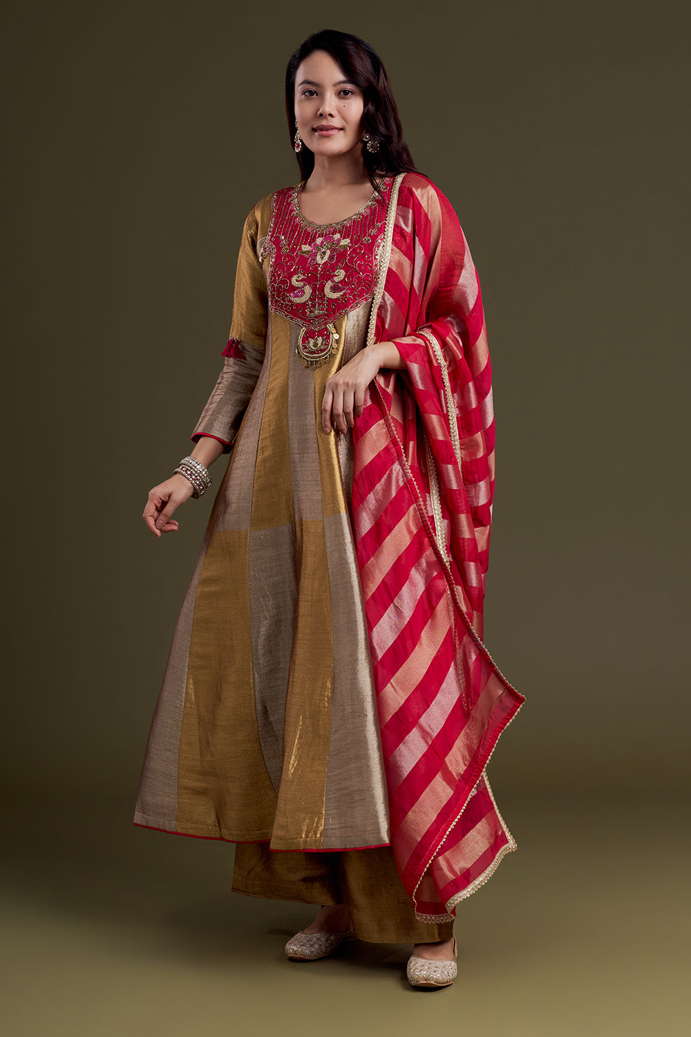 Golden and Copper Chanderi Anarkali Set with Rani Red Accents and Silk Dupatta