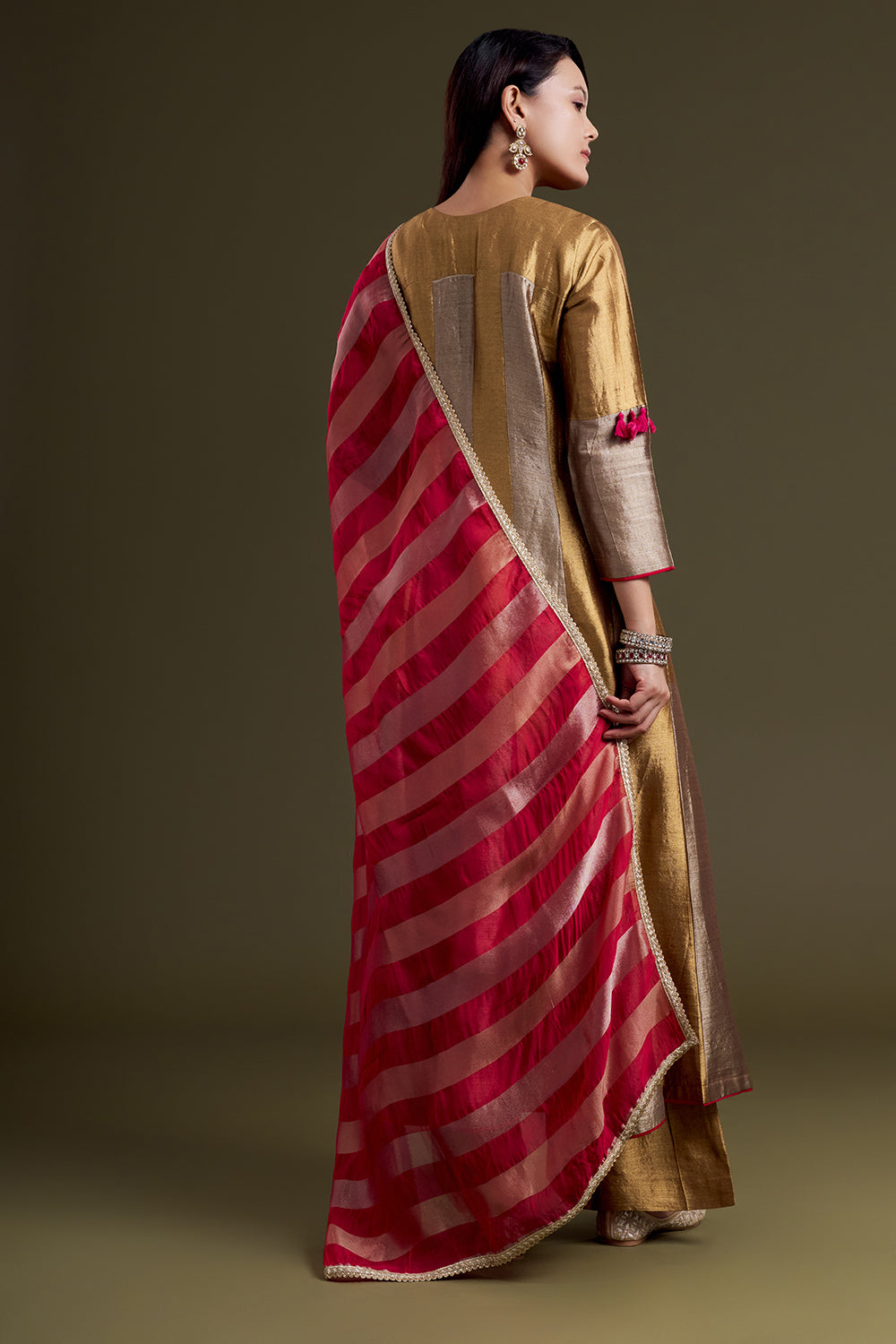 Golden and Copper Chanderi Anarkali Set with Rani Red Accents and Silk Dupatta