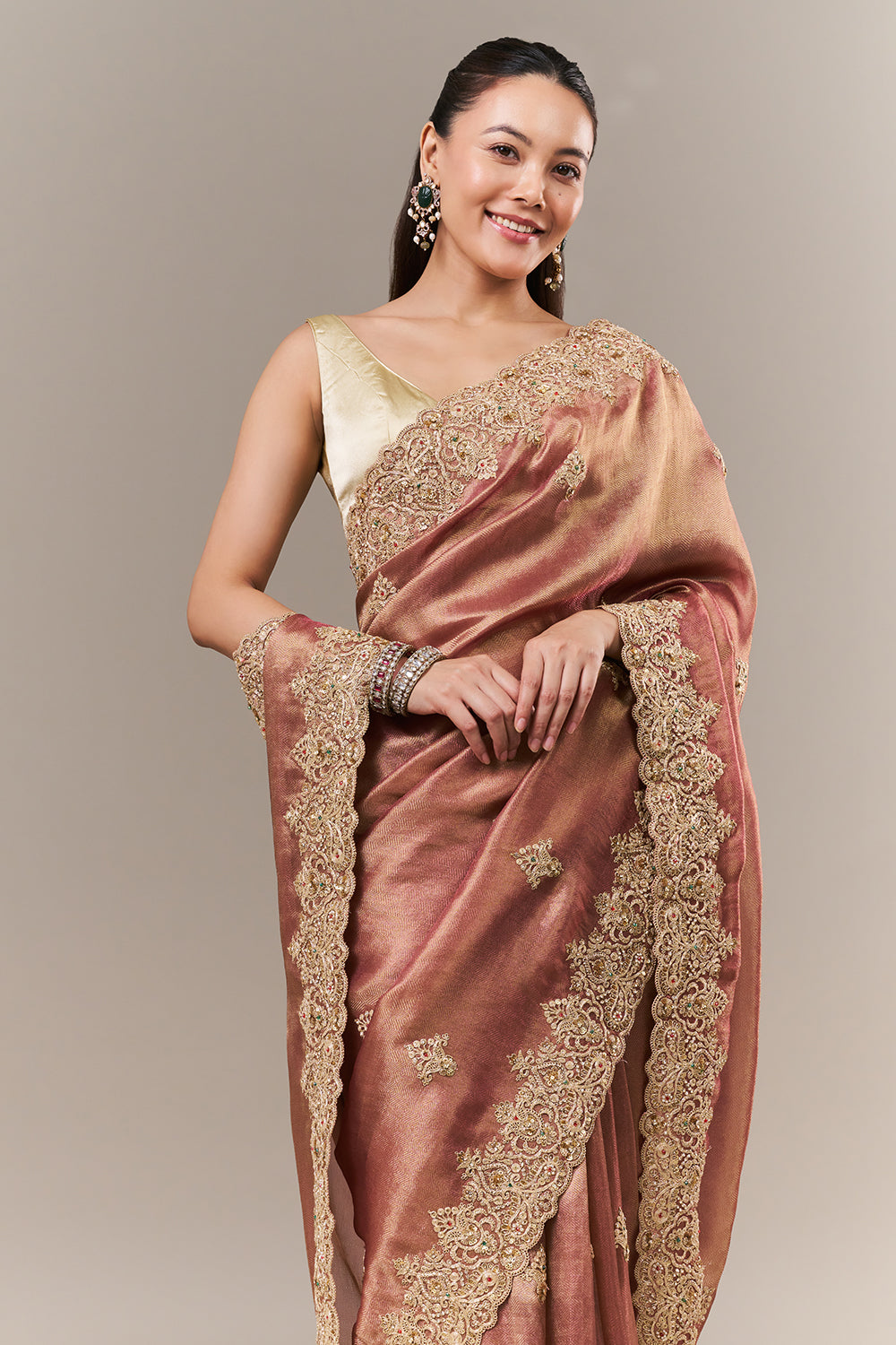 Copper Golden Coloured Tissue Silk Saree with Zari and Sequin Work