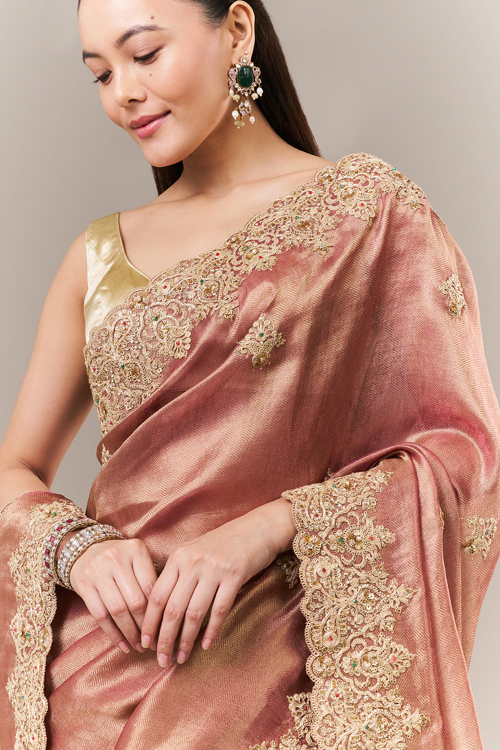 Copper Golden Coloured Tissue Silk Saree with Zari and Sequin Work