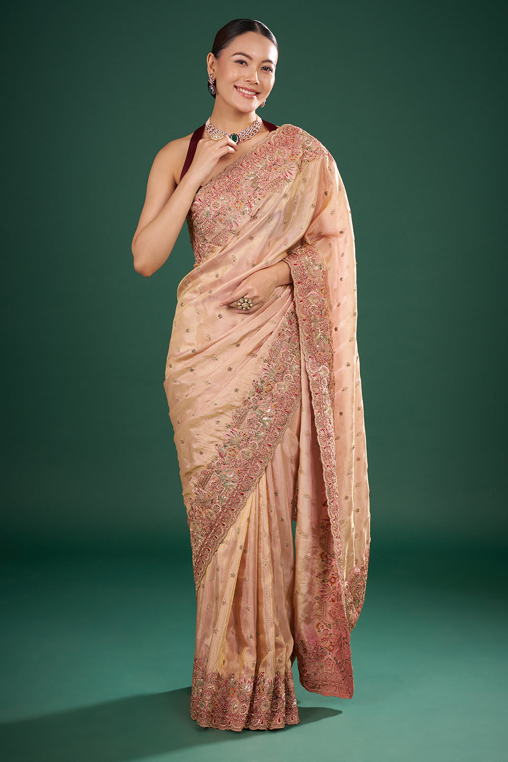 Coral Pink Tissue Saree with Zari Embroidery and Unstitched Blouse