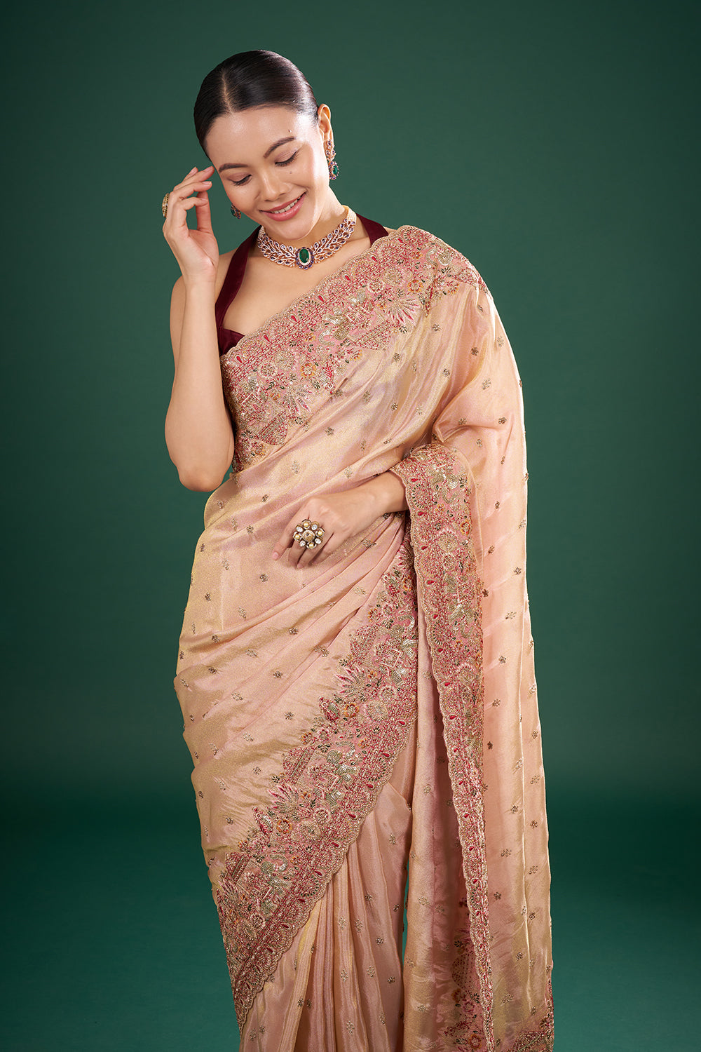 Coral Pink Tissue Saree with Zari Embroidery and Unstitched Blouse