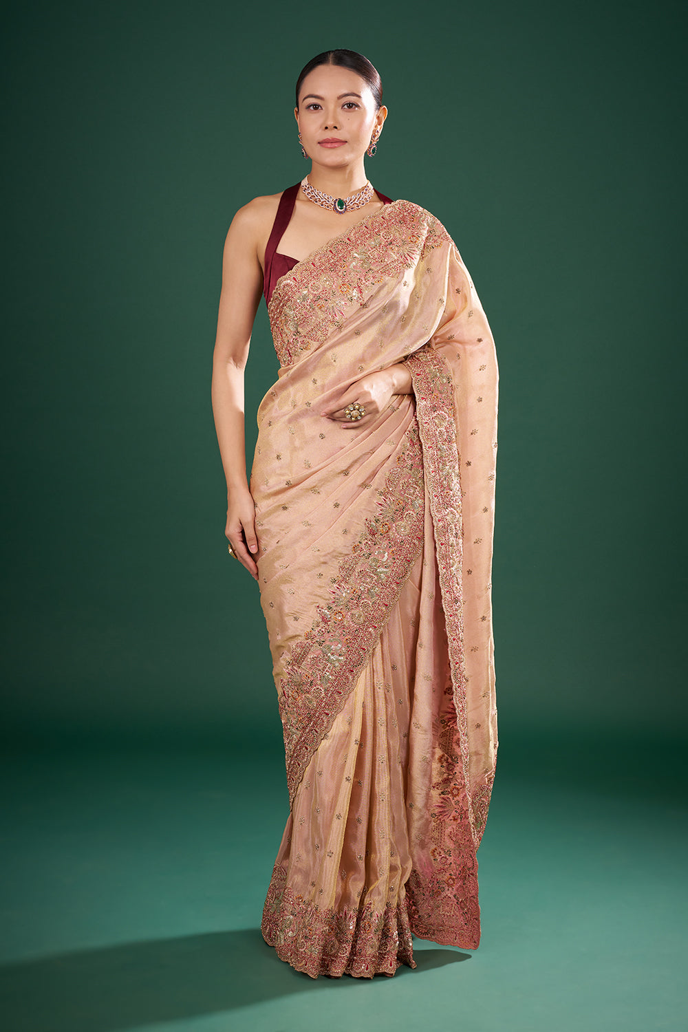 Coral Pink Tissue Saree with Zari Embroidery and Unstitched Blouse