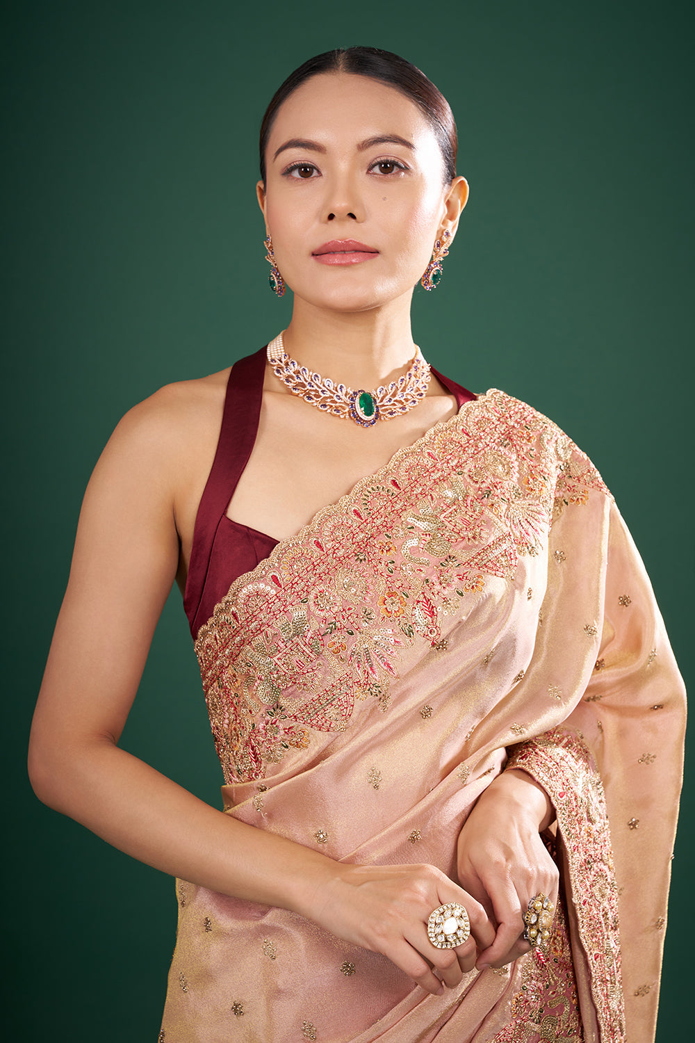 Coral Pink Tissue Saree with Zari Embroidery and Unstitched Blouse
