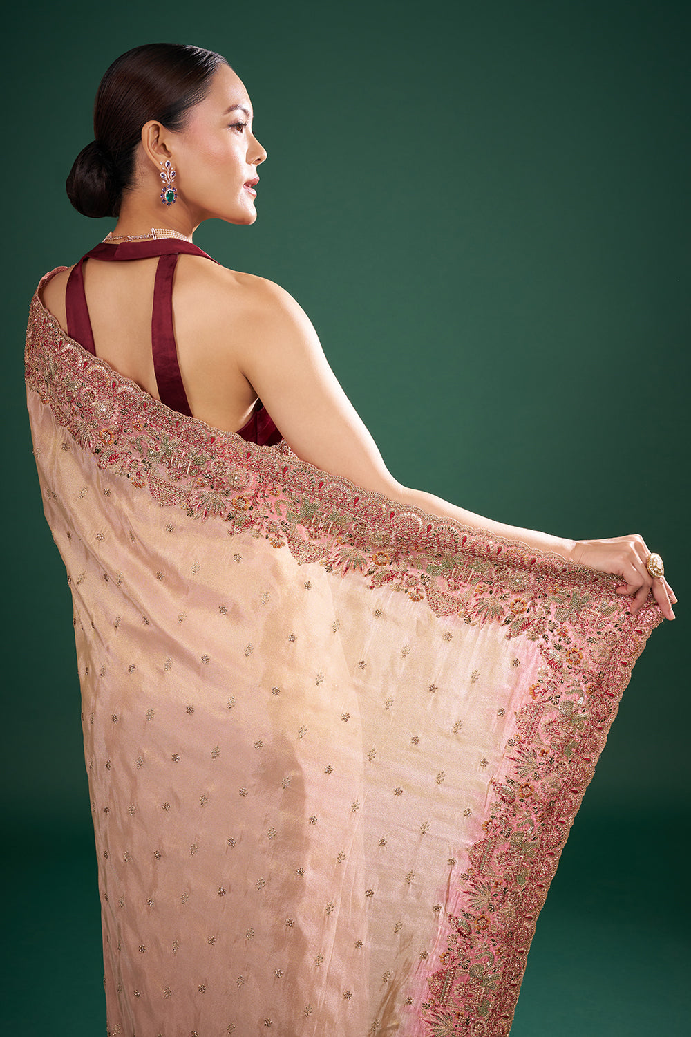 Coral Pink Tissue Saree with Zari Embroidery and Unstitched Blouse