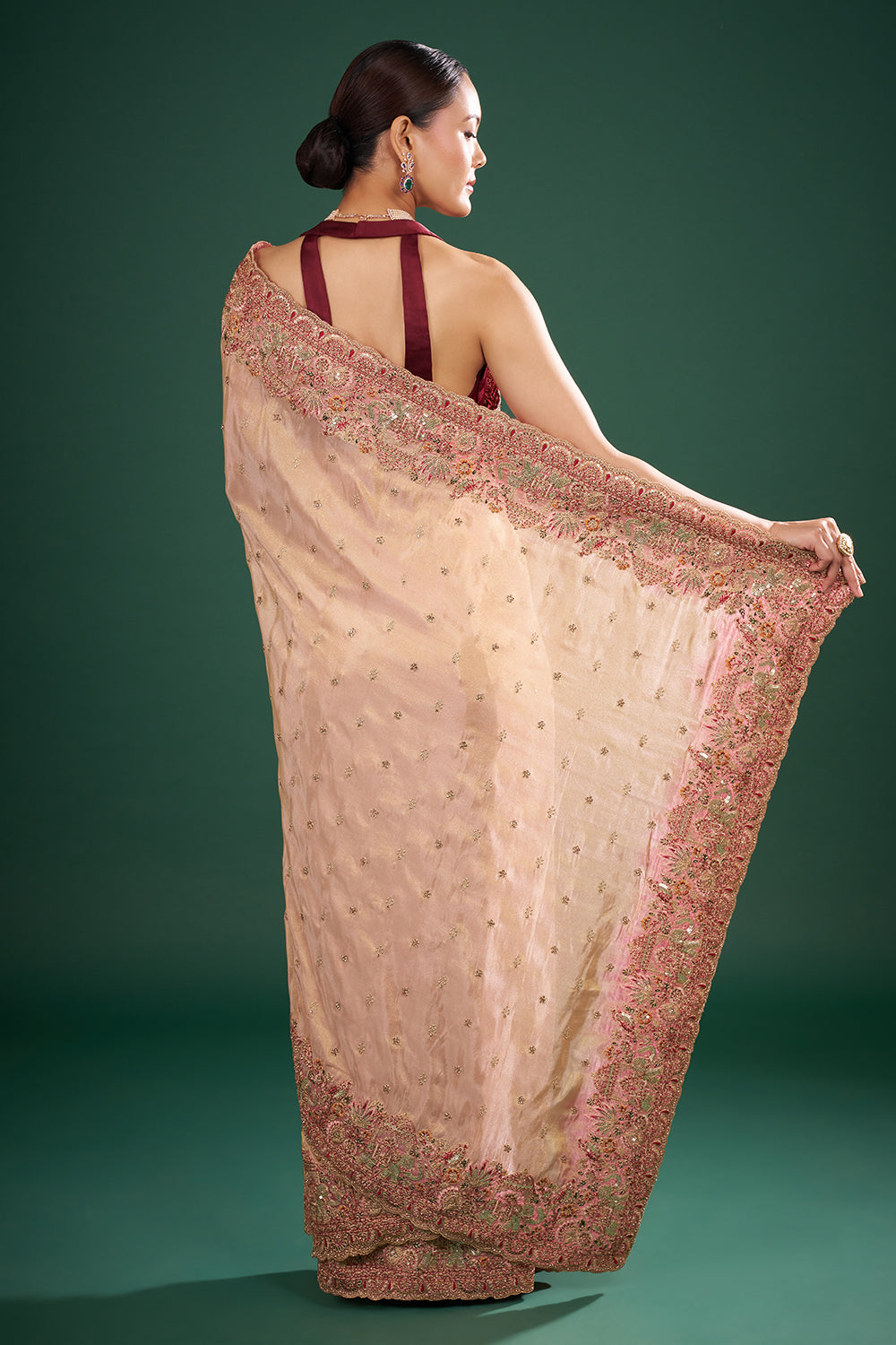 Coral Pink Tissue Saree with Zari Embroidery and Unstitched Blouse