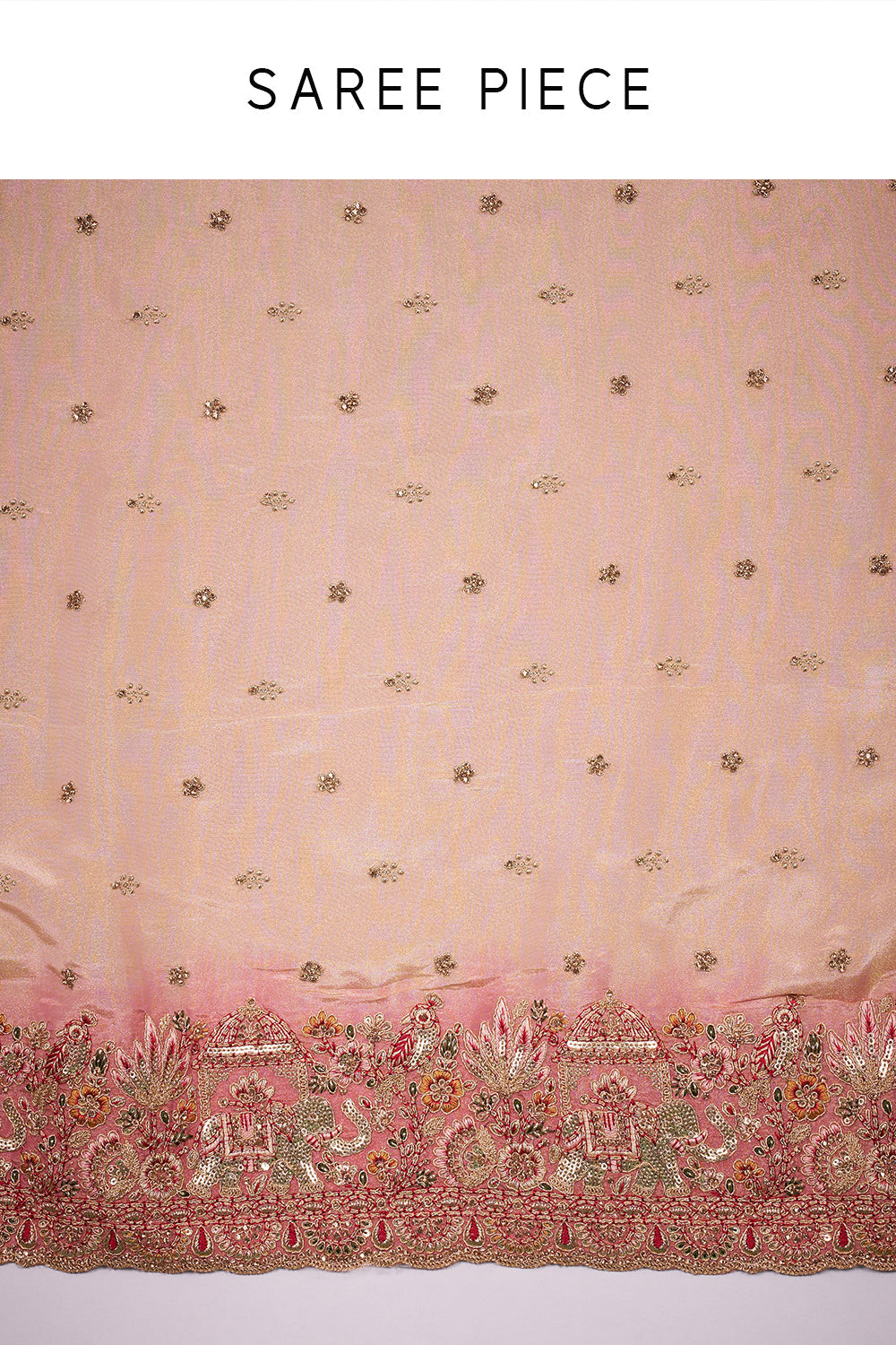 Coral Pink Tissue Saree with Zari Embroidery and Unstitched Blouse