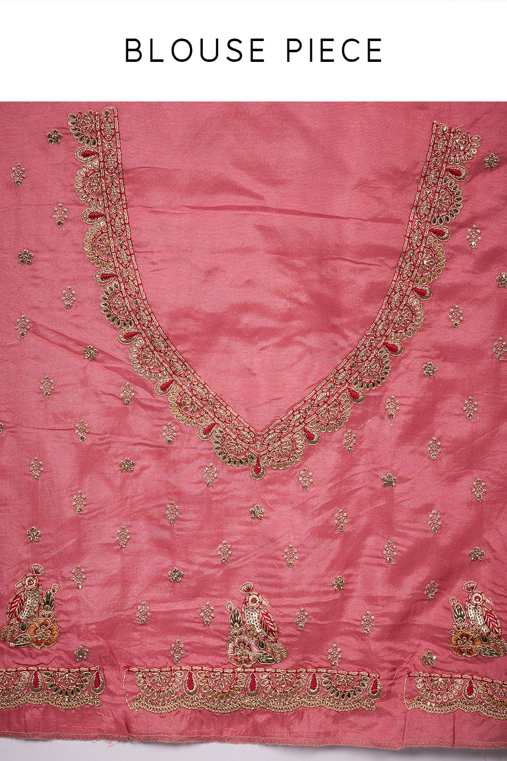 Coral Pink Tissue Saree with Zari Embroidery and Unstitched Blouse