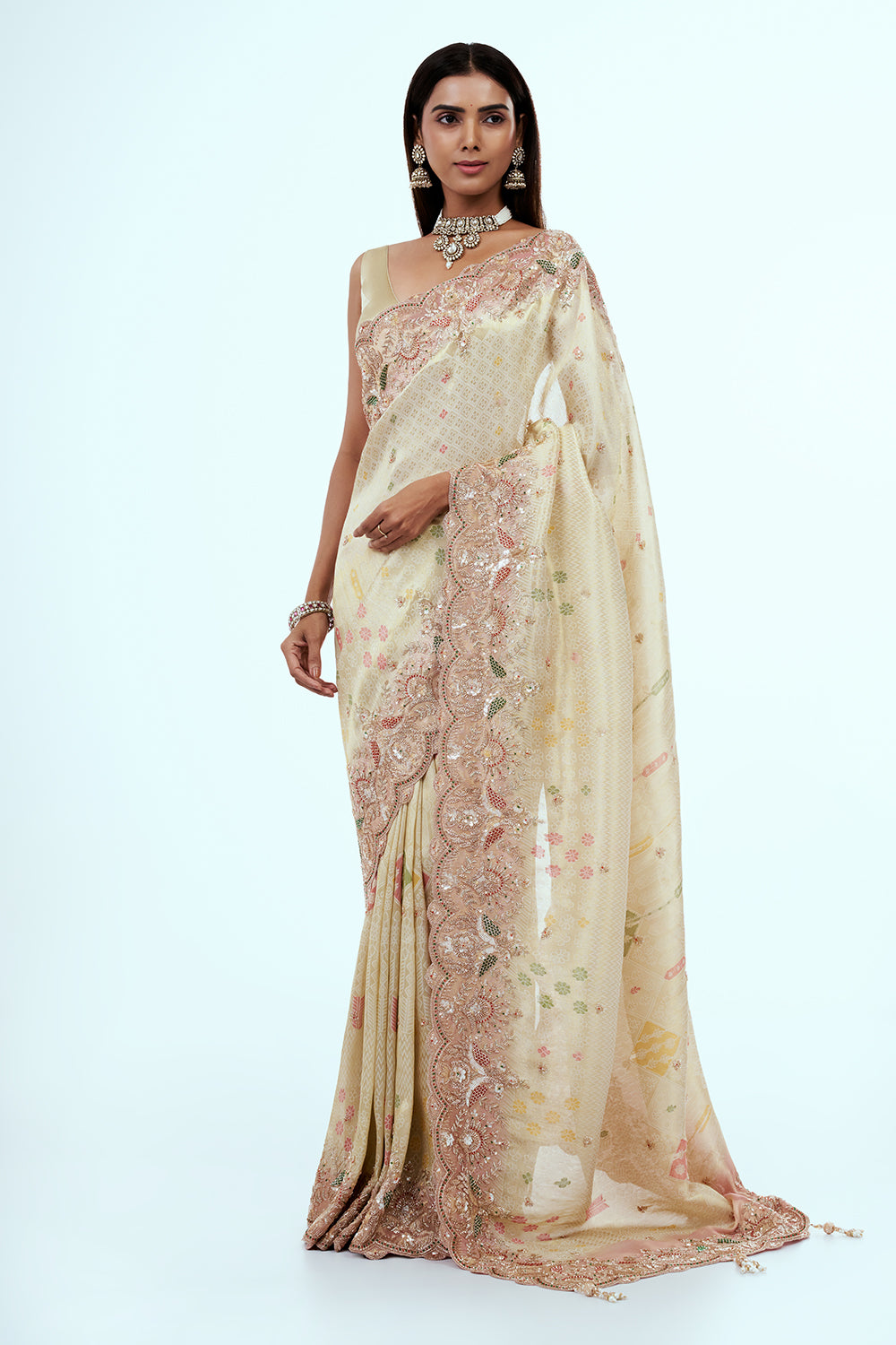 Cream Banarasi Silk Saree with Embellishments