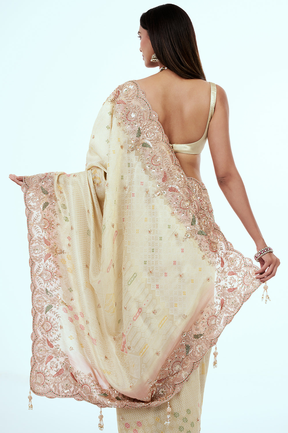 Cream Banarasi Silk Saree with Embellishments
