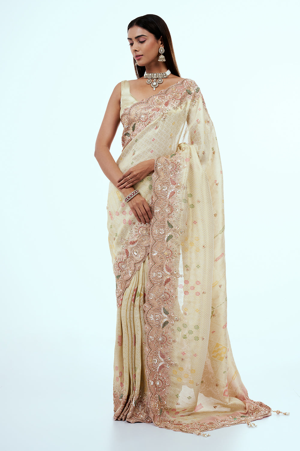 Cream Banarasi Silk Saree with Embellishments