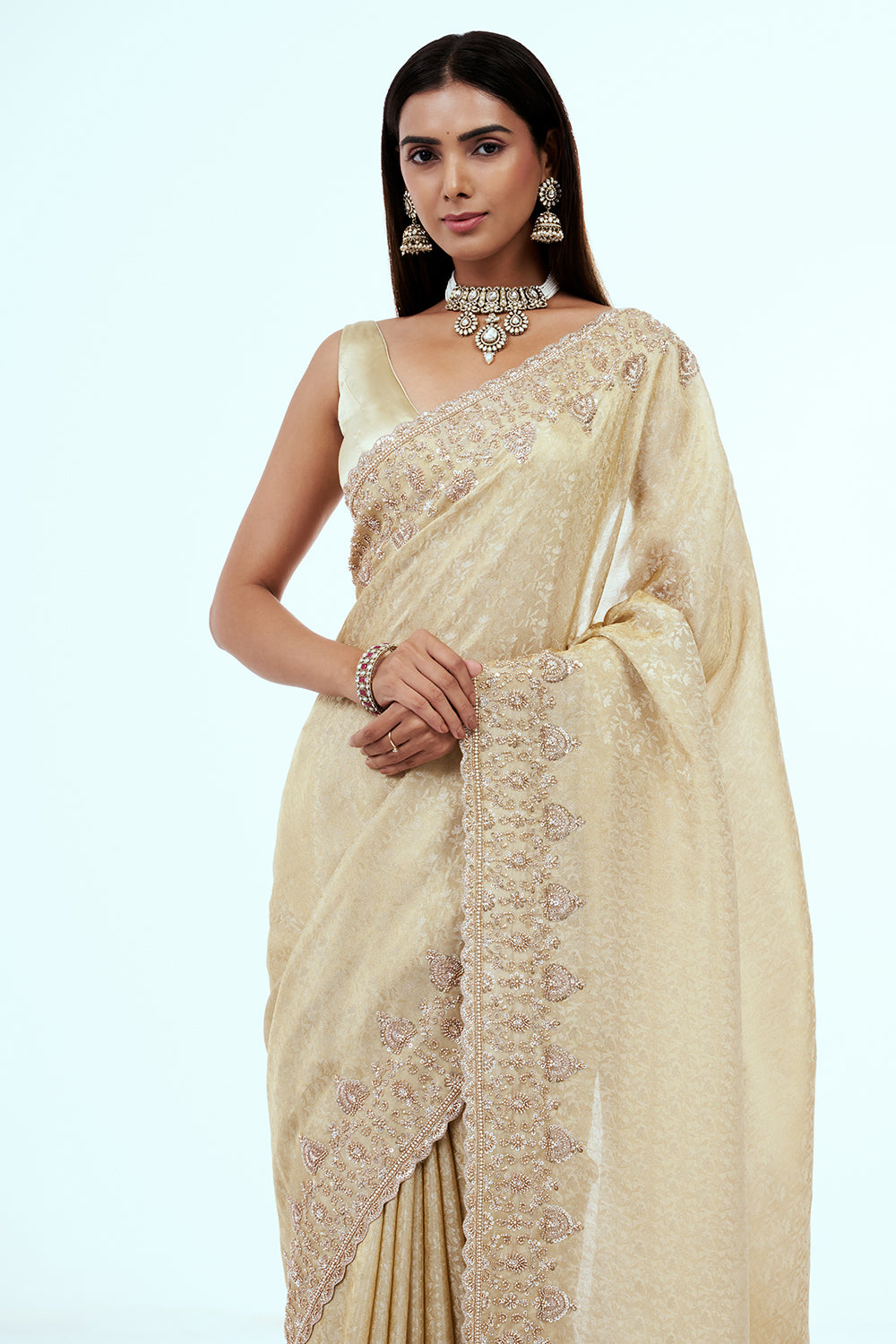 Cream Banarasi Silk Saree with Hand Embroidery