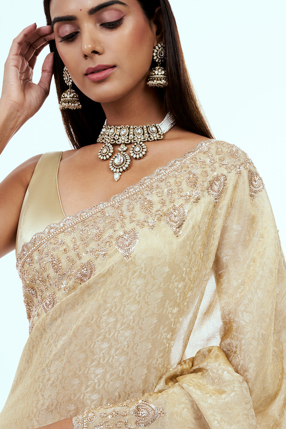 Cream Banarasi Silk Saree with Hand Embroidery