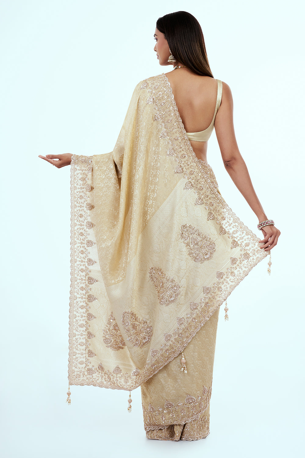 Cream Banarasi Silk Saree with Hand Embroidery