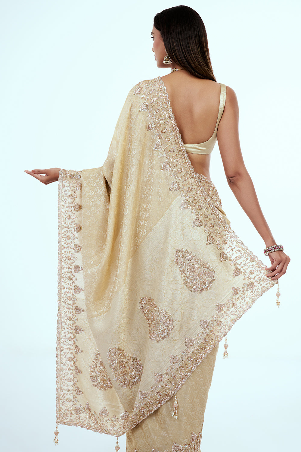 Cream Banarasi Silk Saree with Hand Embroidery