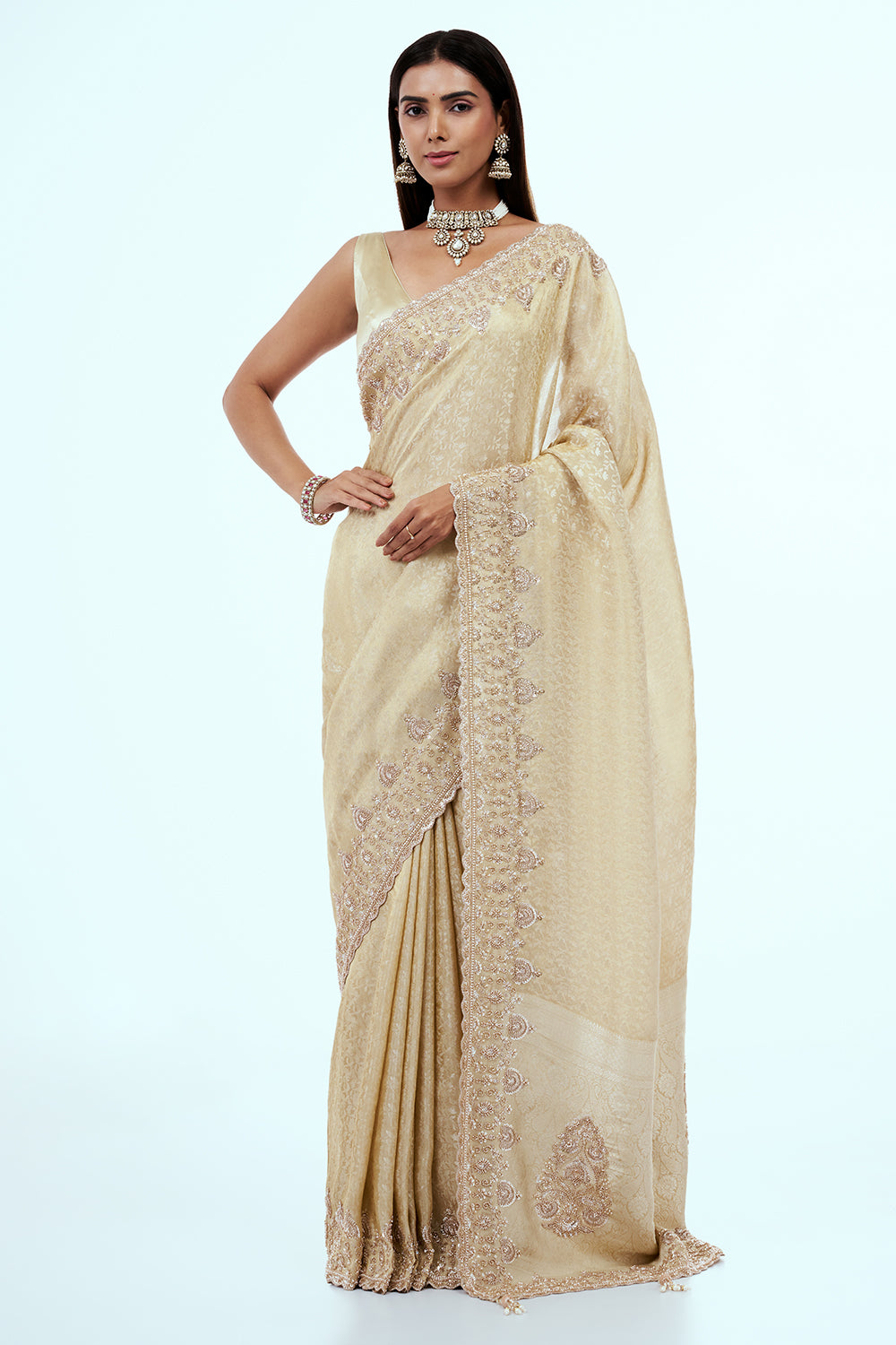 Cream Banarasi Silk Saree with Hand Embroidery