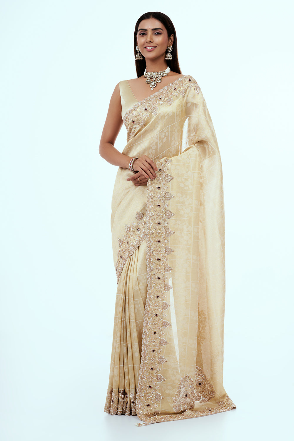 Cream Banarasi Silk Saree with Handwork