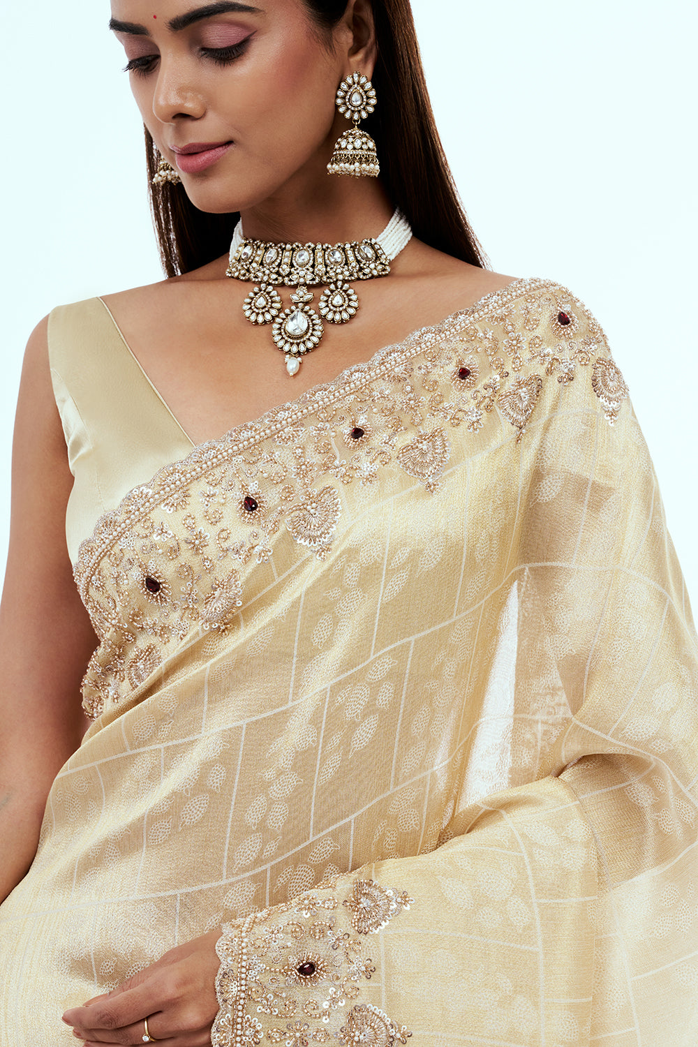 Cream Banarasi Silk Saree with Handwork