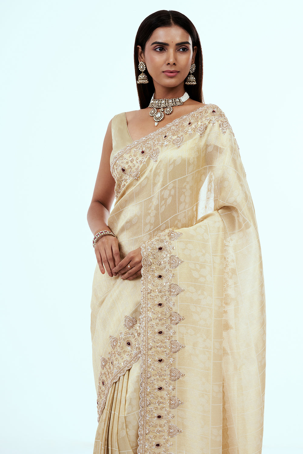 Cream Banarasi Silk Saree with Handwork