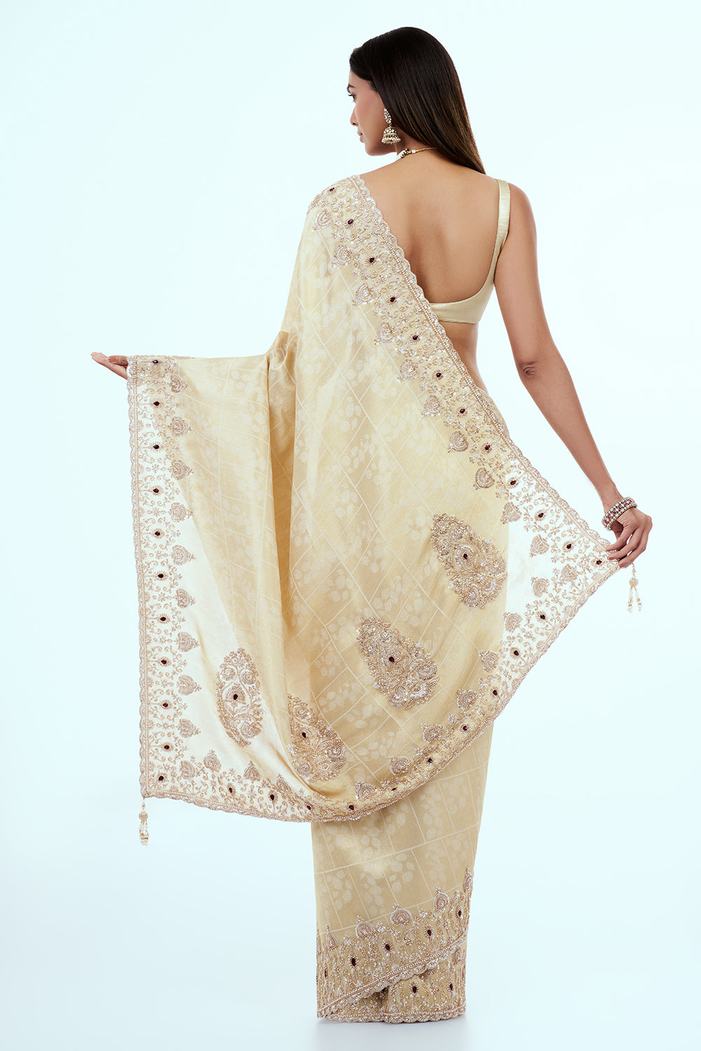 Cream Banarasi Silk Saree with Handwork