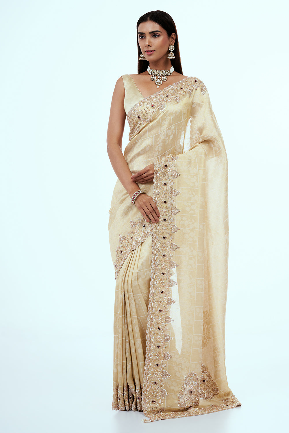 Cream Banarasi Silk Saree with Handwork