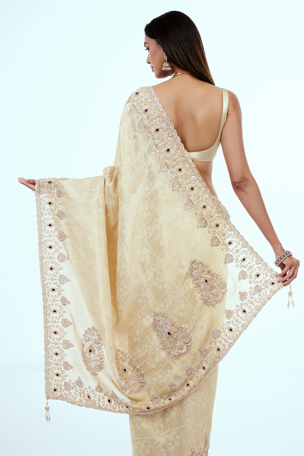 Cream Banarasi Silk Saree with Handwork