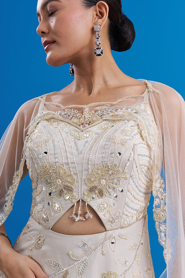 Cream Beige Shimmer Indo-Western Set with Mirror Embroidery