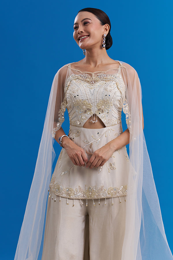 Cream Beige Shimmer Indo-Western Set with Mirror Embroidery