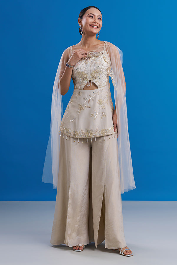 Cream Beige Shimmer Indo-Western Set with Mirror Embroidery